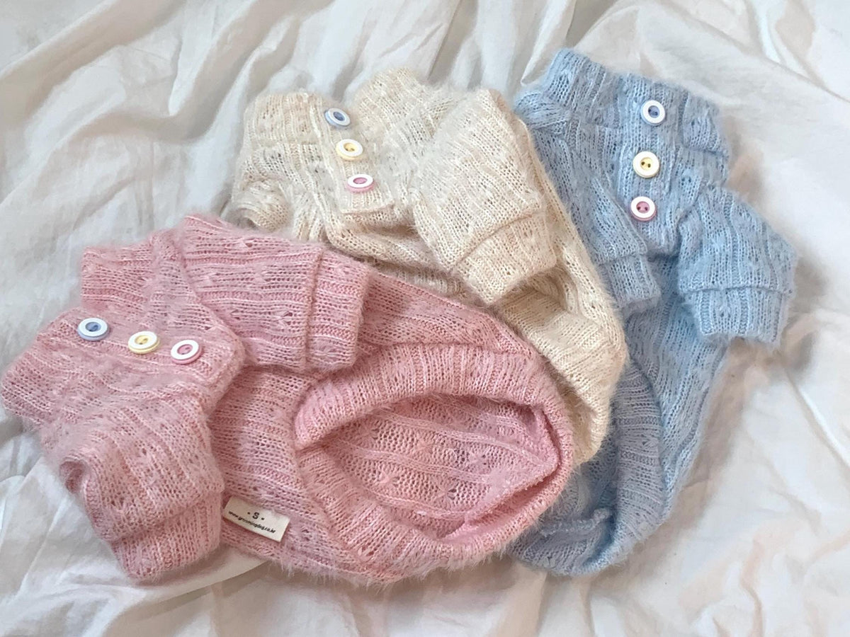 NKpup Jelly Button Knit Dog Sweaters in pink, cream, and light blue