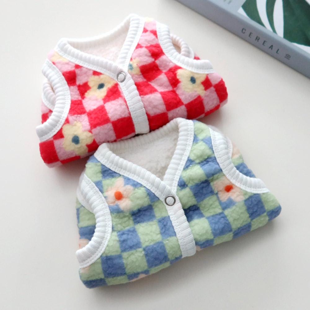 NKpup Check Boa Fleece Dog Vests in red and blue checkered patterns with flower accents