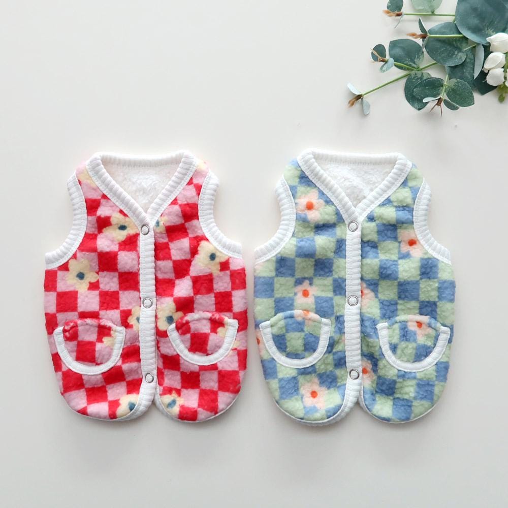 NKpup Check Boa Fleece Dog Vests in red and blue checkered patterns with floral accents