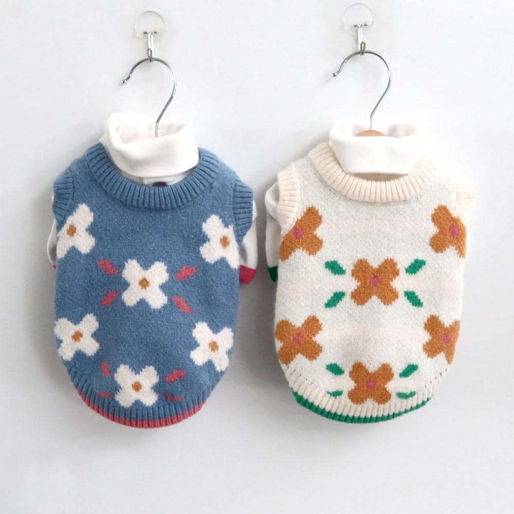 NKpup soft turtleneck dog shirts in blue and cream with floral patterns