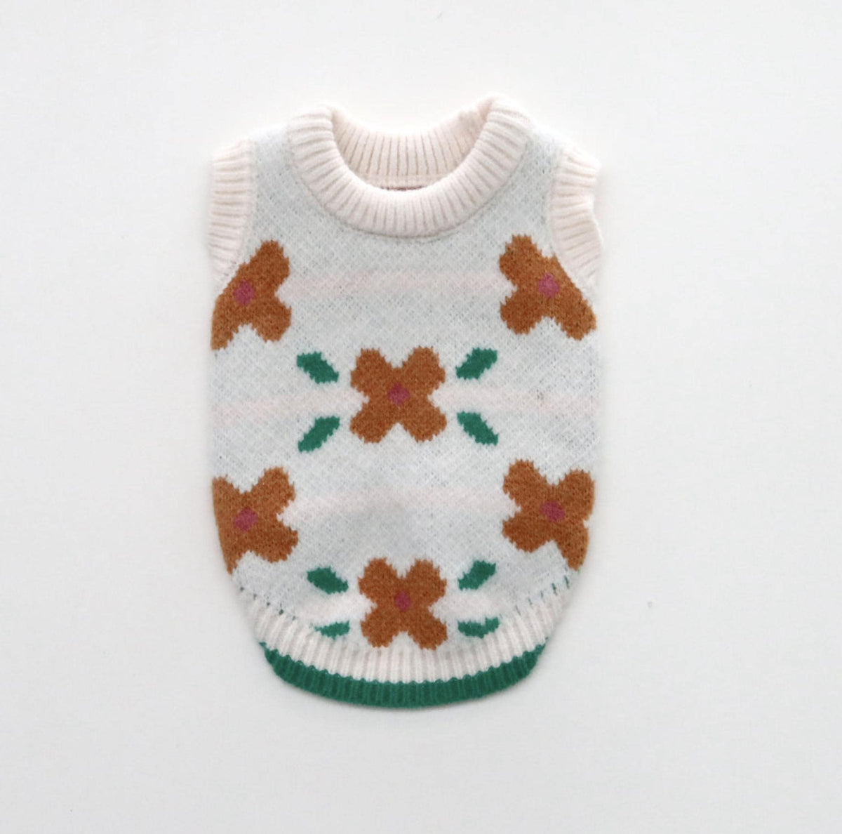 NKpup Daisy Knit Dog Vest in white with brown floral patterns and green accents