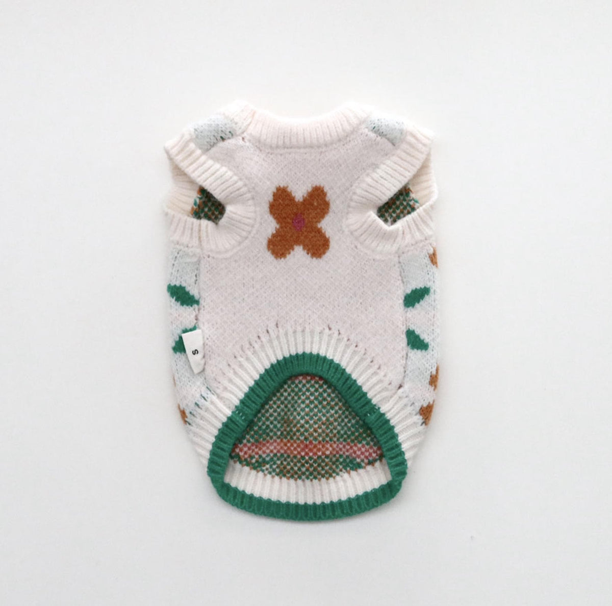 NKpup Daisy Knit Dog Vest in white with a brown flower and green accents