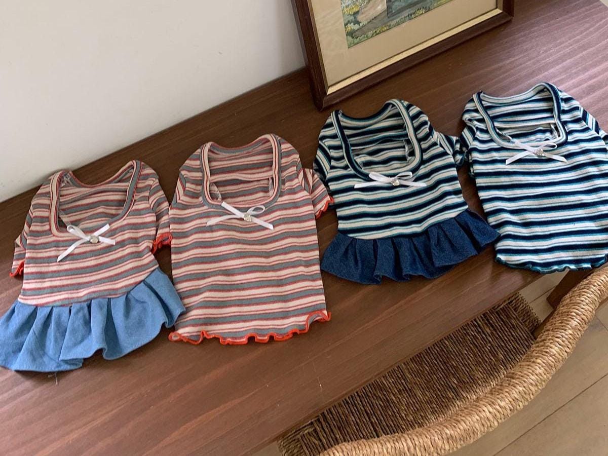 NKpup Sailor Stripe pet clothing collection featuring striped dog dresses and tops in coral and blue.