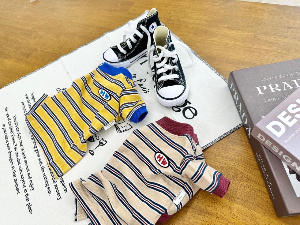 HW Stripe Dog Shirt in yellow and beige with HW logo patch