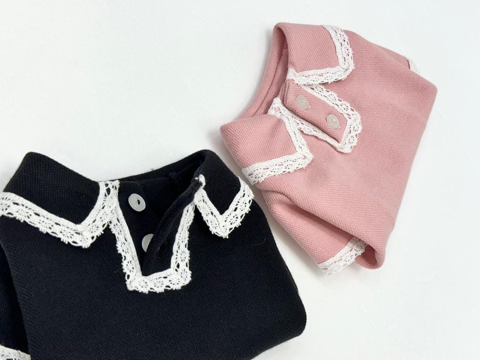 NKpup Lace Collar Tee dog shirts in black and pink with delicate white lace trim