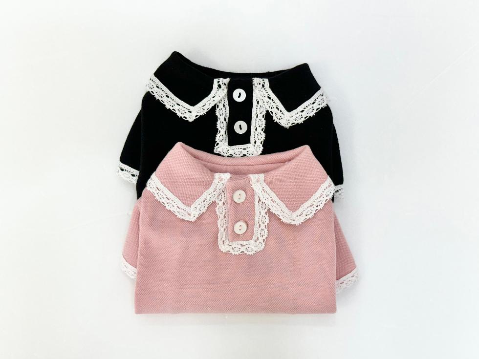 NKpup Lace Collar Tee dog shirts in black and pink with white lace trim and button details.