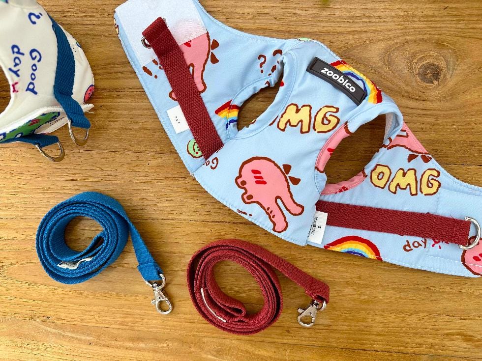 NKpup light blue cartoon print dog harness and matching leash set with rainbow and OMG patterns
