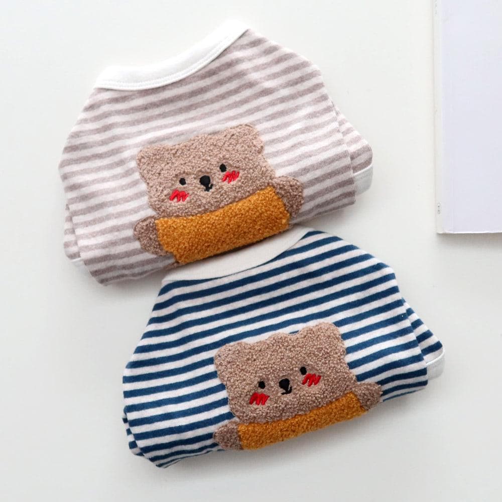 NKpup Teddy Stripe Tee dog shirts featuring a cute bear patch in beige and blue stripe patterns.