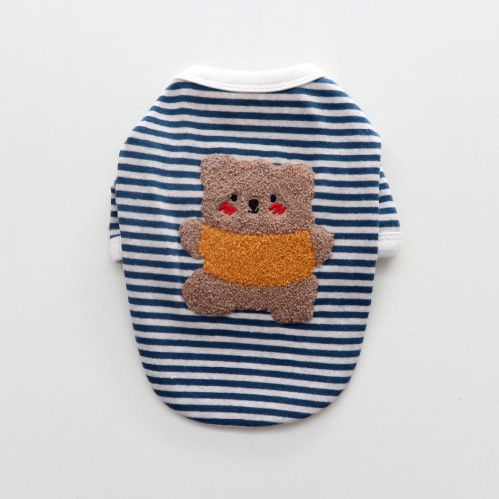 NKpup Teddy Stripe Tee dog shirt with blue and white stripes and a brown teddy bear patch