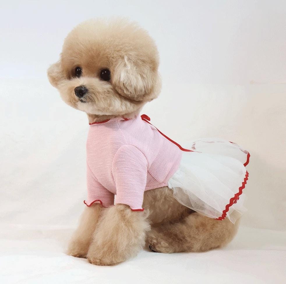 NKpup pink Ribbon Tutu Dress for dogs with white tulle skirt and red trim