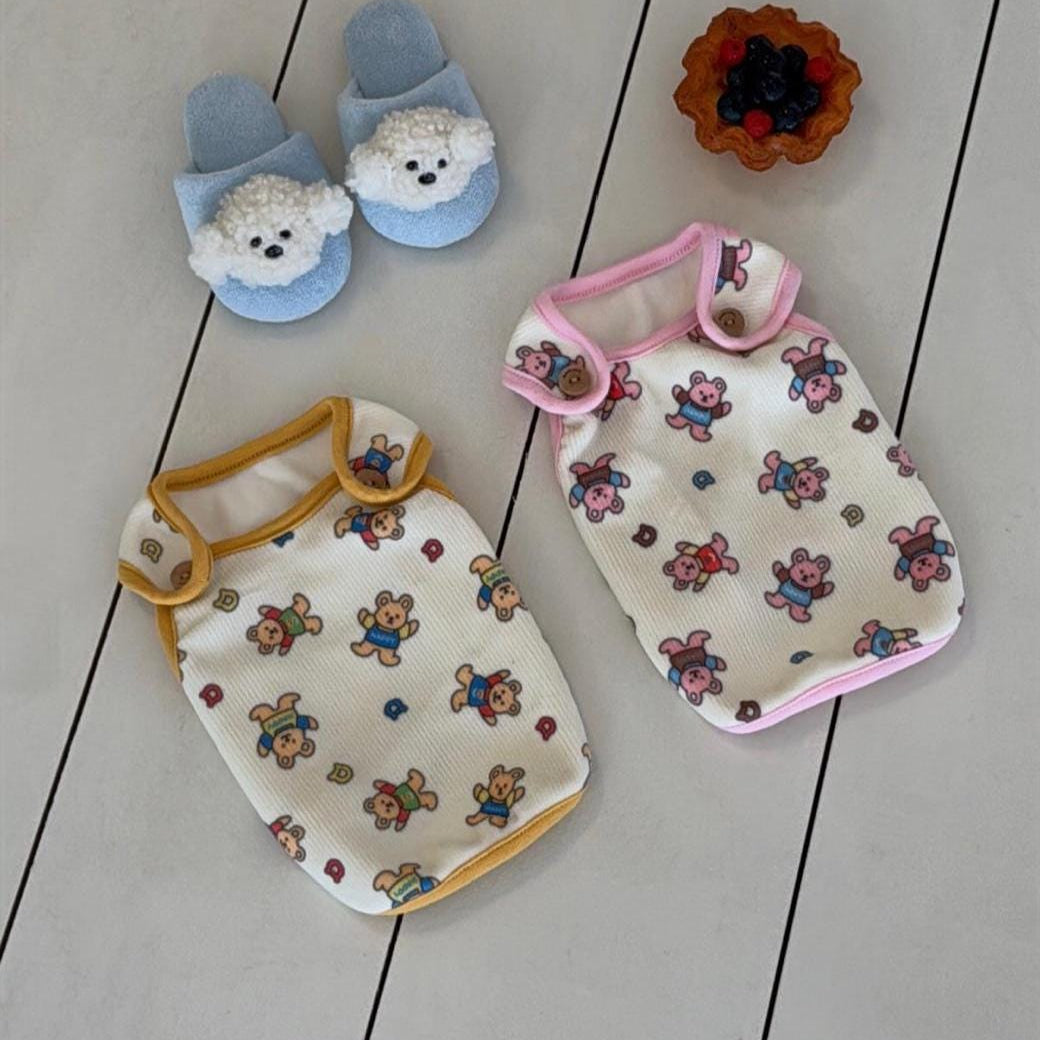 Berry Bear outfit overall and vest set with colorful bear patterns in white, yellow, and pink.