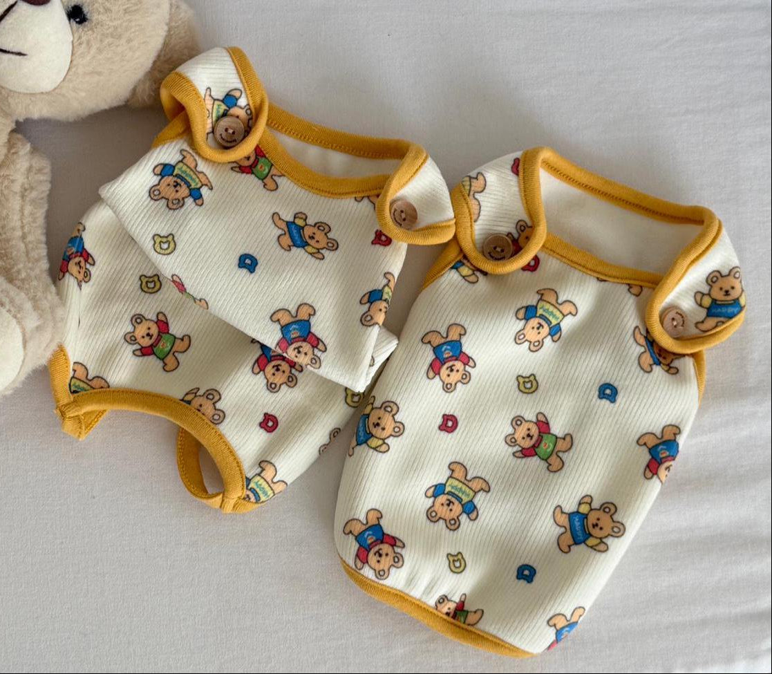 Berry Bear outfit overall and vest for pets in white with yellow trim and bear pattern