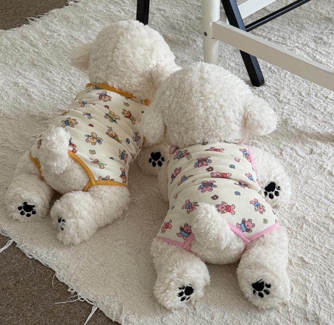 NKpup Berry Bear Outfit overalls and vests featuring a bear print in yellow and pink trim.