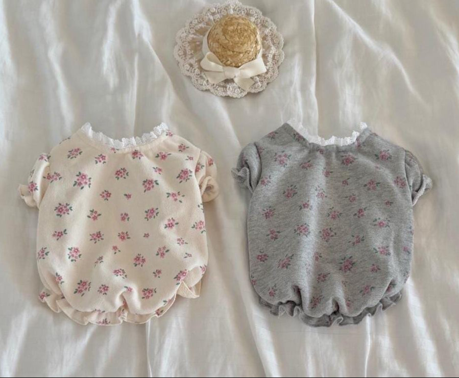 NKpup Melody Floral Dog Shirts in cream and grey with lace trim and pink floral patterns
