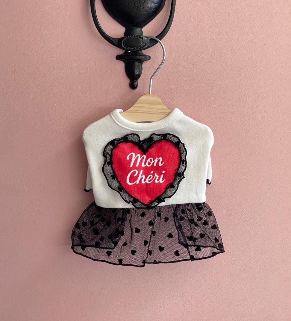 NKpup Mon Cheri white dog dress with a red heart and black heart-patterned tulle skirt