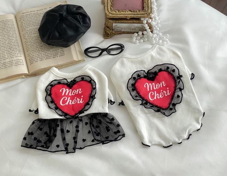 NKpup Mon Cheri white dog shirt and dress with red heart embroidery and black lace trim
