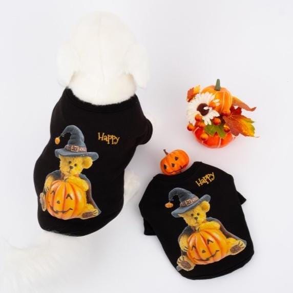 Black Halloween bear dog shirt with pumpkin and witch hat graphic