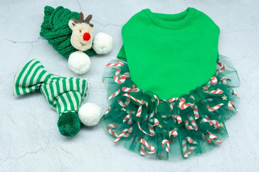 NKpup Christmas Candy Dog Dress in green with a candy cane tutu and matching holiday hats