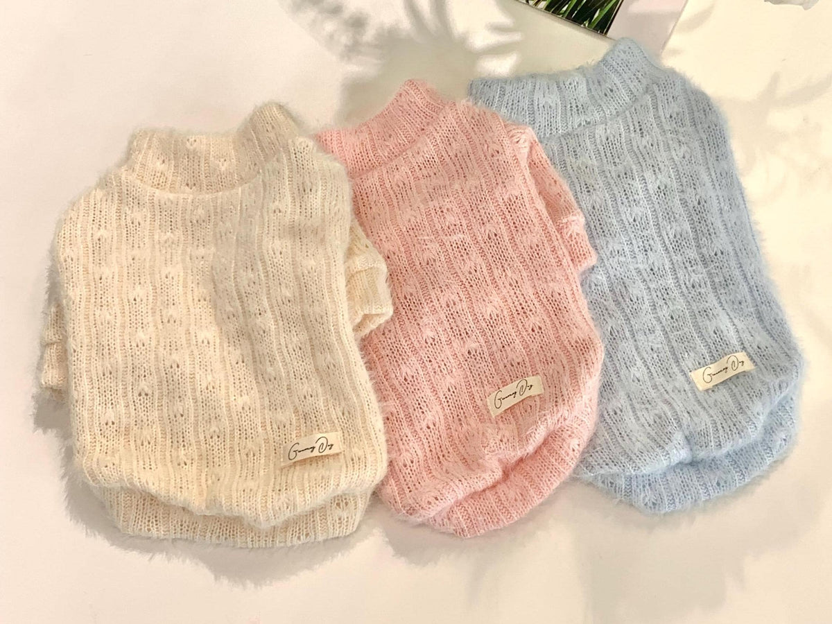 NKpup Jelly Button Knit Dog Sweaters in cream, pink, and light blue