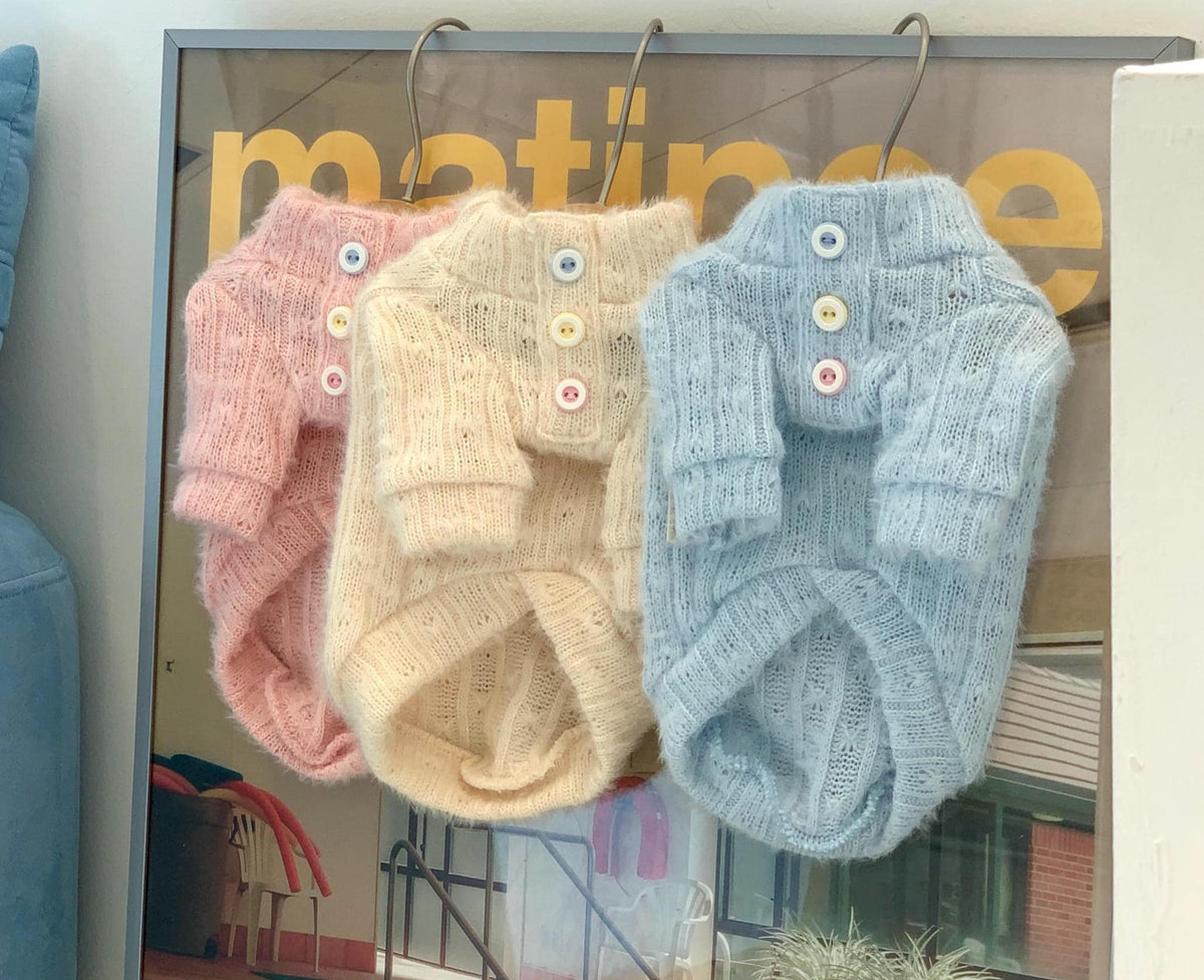 NKpup Jelly Button Knit Dog Sweaters in pink, cream, and light blue