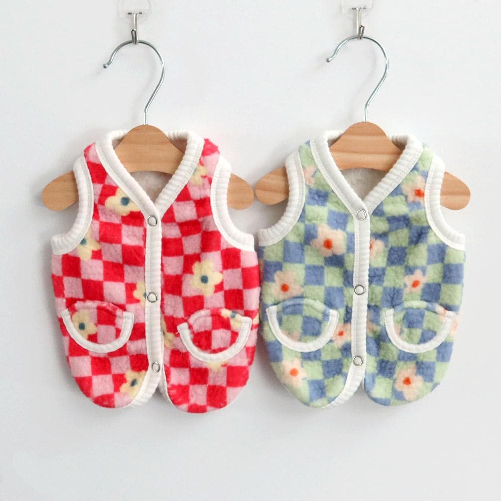 NKpup Check Boa Fleece Dog Vests in red and blue checkered patterns with floral accents.
