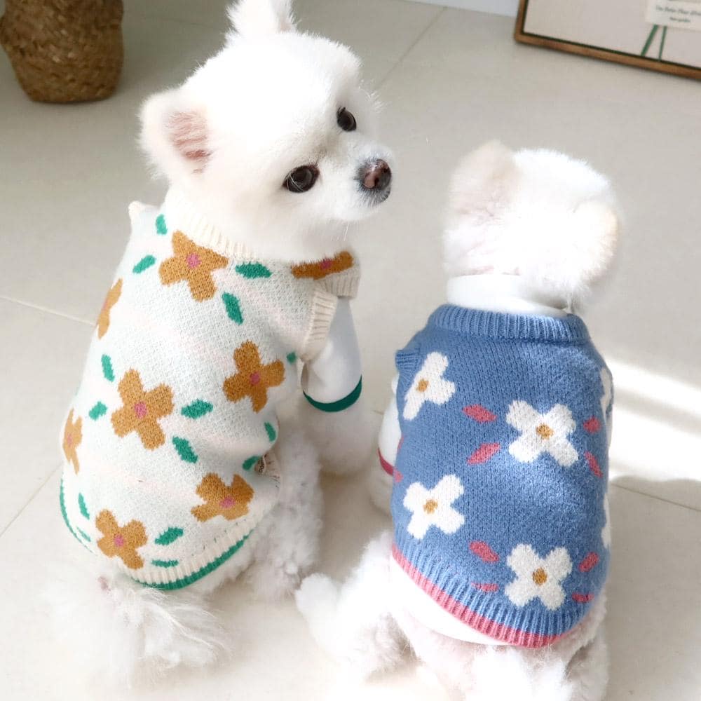 NKpup Daisy Knit Dog Vests in white and blue with floral daisy patterns