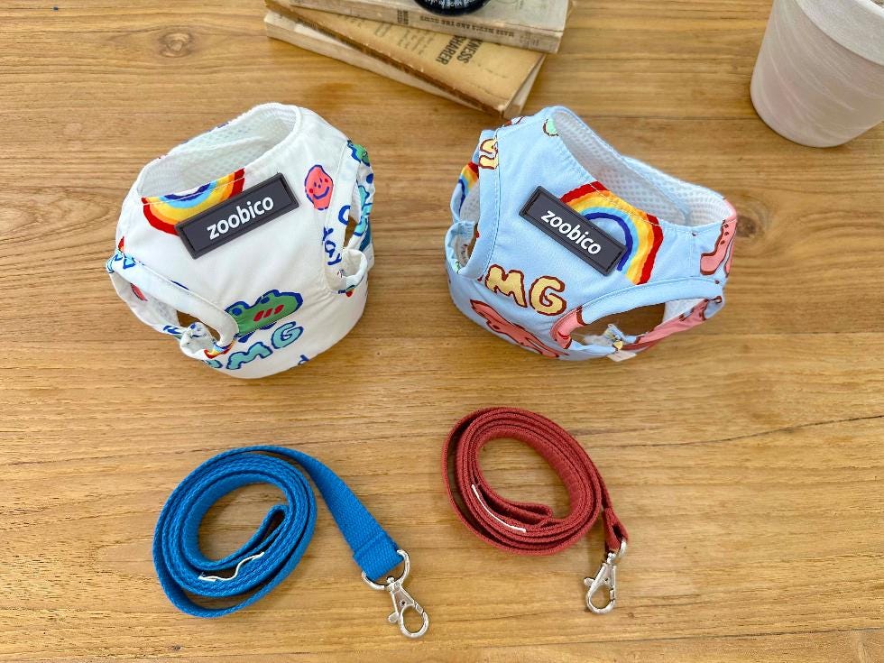 Cartoon print harness and leash set in white and light blue with colorful graphics.