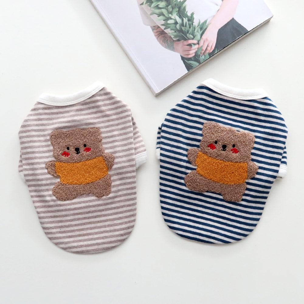 Teddy Stripe Tee dog shirts in beige and navy blue stripes featuring a teddy bear applique.