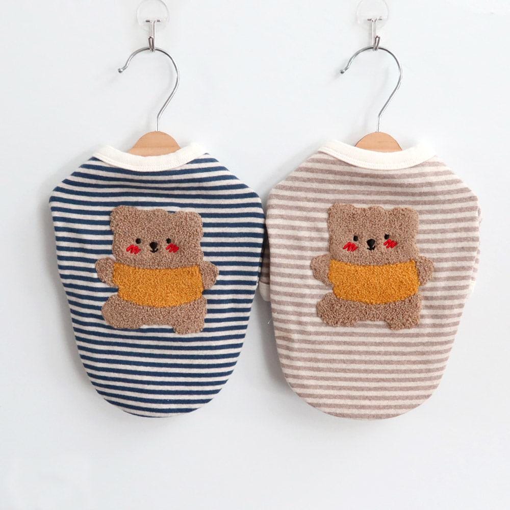 NKpup Teddy Stripe Tee dog shirts featuring a brown bear patch in navy and beige stripes.