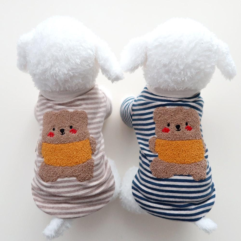 NKpup Teddy Stripe Tee dog shirts featuring teddy bear patches in beige and navy striped patterns.