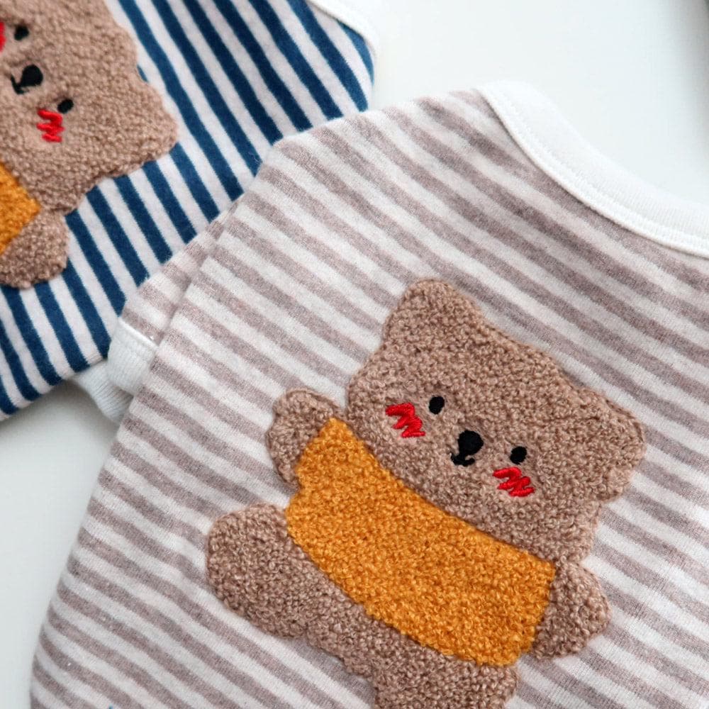 NKpup Teddy Stripe Tee dog shirt with brown teddy bear patch and beige stripes