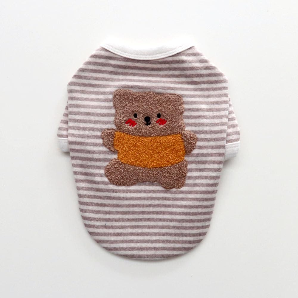 NKpup Teddy Stripe Tee dog shirt with brown teddy bear appliqué and grey stripes