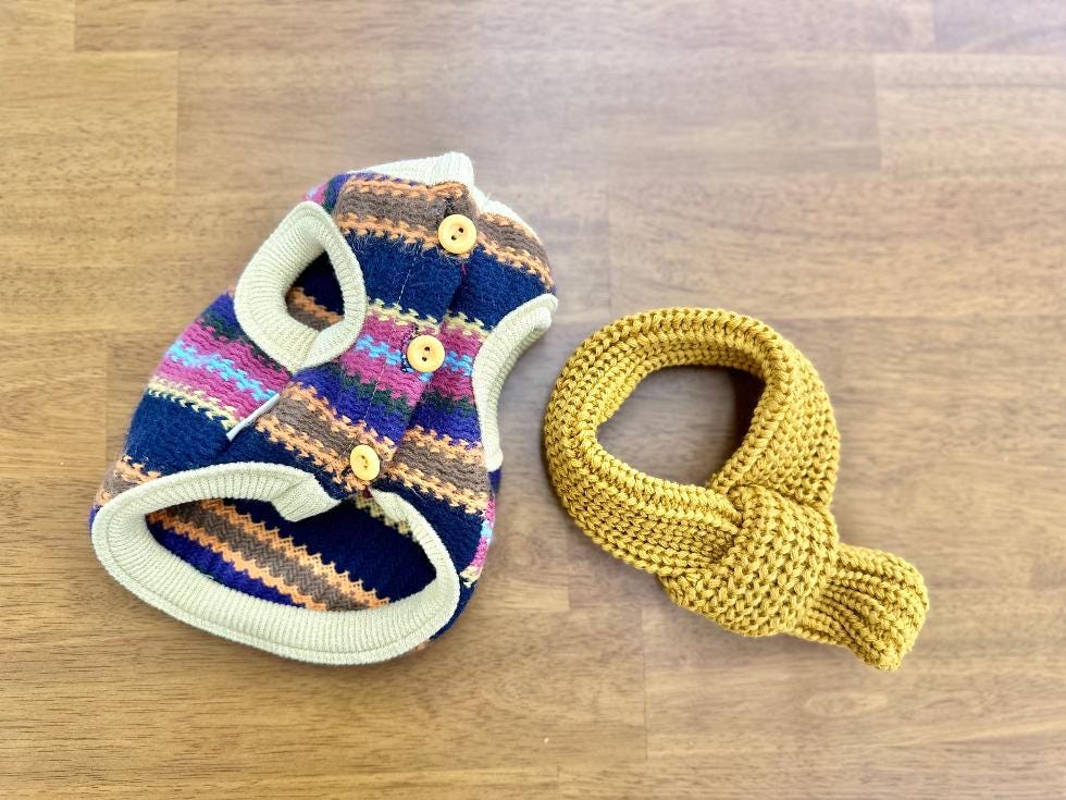 NKpup Bene Zigzag Knit Dog Vest in multi-color stripes with a matching mustard yellow knit accessory.