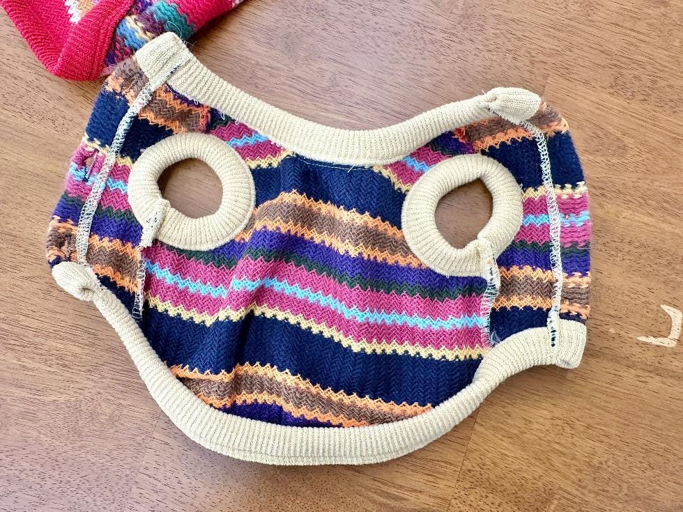 NKpup Bene Zigzag Knit Dog Vest with colorful horizontal stripes and cream trim