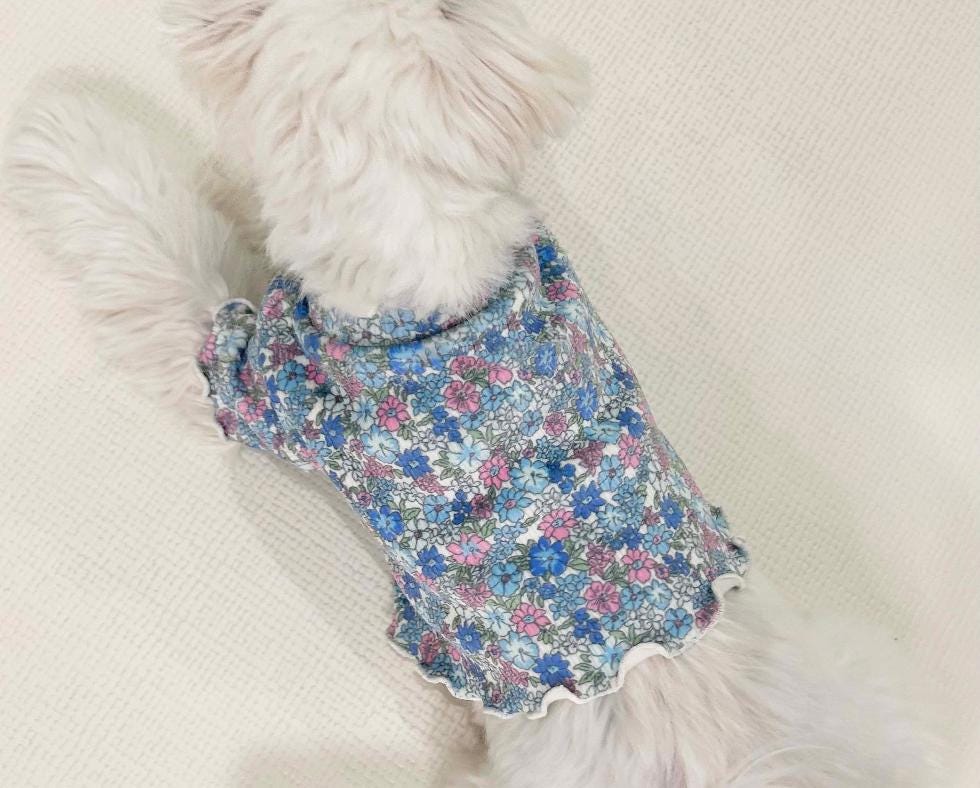NKpup Floral Garden Crop Tee for dogs with a blue and pink floral pattern and ruffled edges