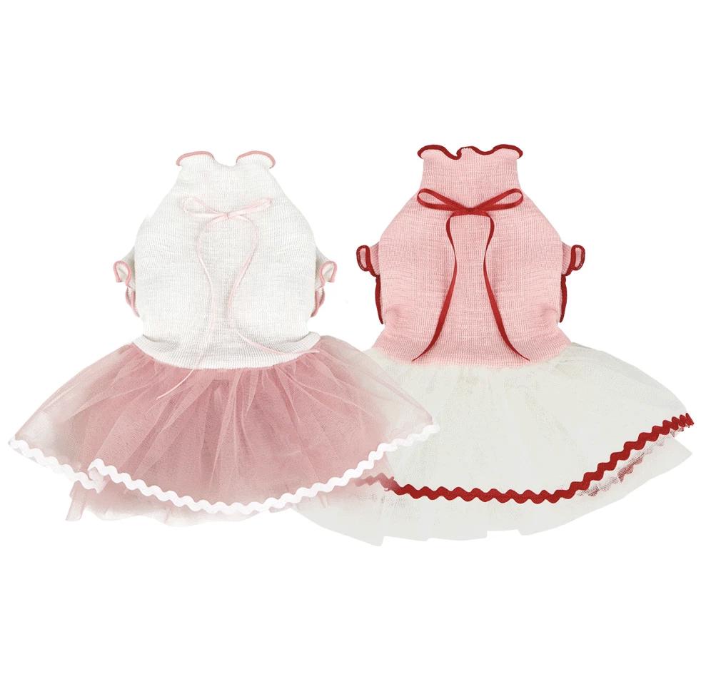 NKpup Ribbon Tutu Dresses for pets in pink and red with ruffled necklines and tulle skirts.