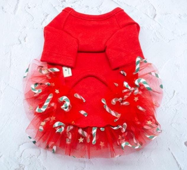 NKpup Christmas Candy Dog Dress in red with a tulle skirt and candy cane accents