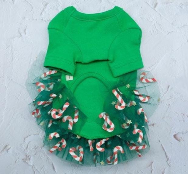 NKpup green Christmas candy dog dress with a tutu skirt and candy cane patterns