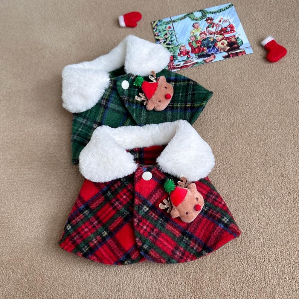 NKpup Christmas reindeer dog capes in red and green plaid with white faux fur collars.
