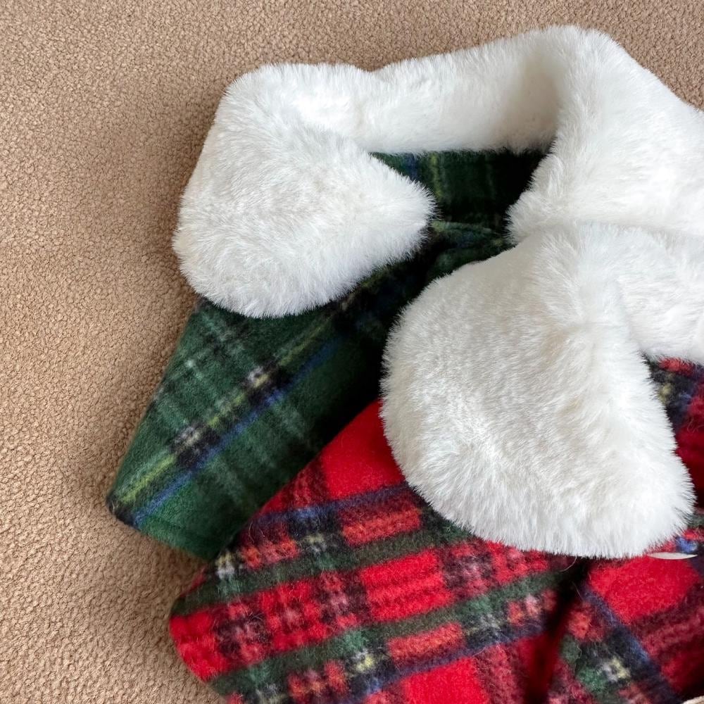 Christmas reindeer dog cape with red and green plaid pattern and white faux fur collar