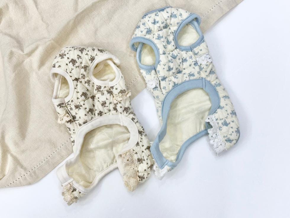 NKpup cozy floral dog vest and overall set in cream and light blue patterns with lace trim