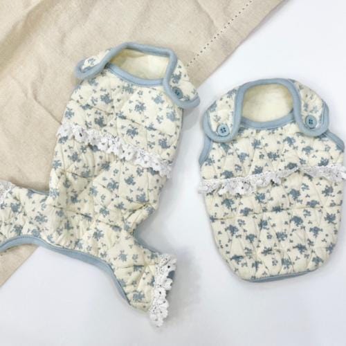 NKpup cozy floral dog vest and overall set in cream with blue flower pattern and lace trim