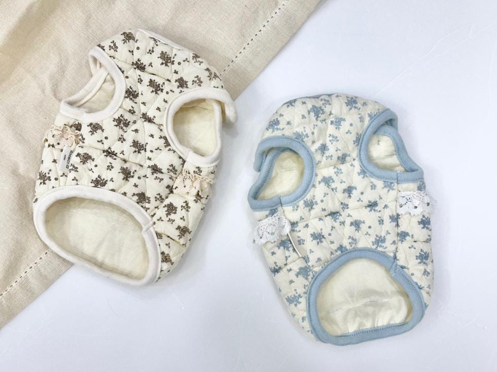 Cozy floral pattern quilted dog vest and overall in cream and light blue.