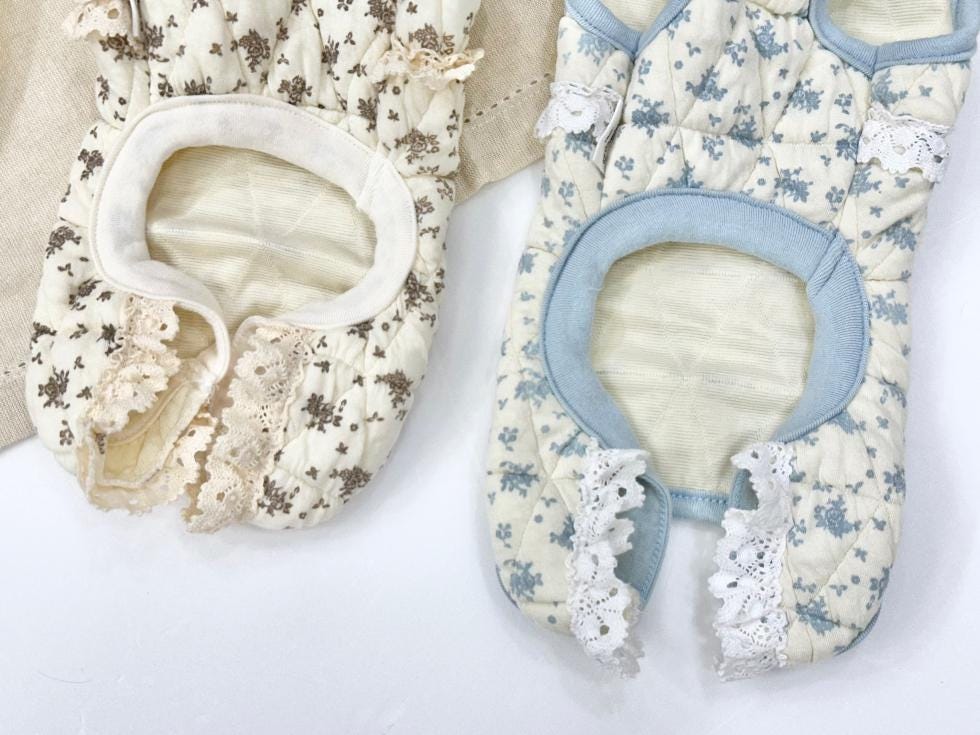 Cozy floral dog vest and overall set in cream and light blue with lace trim by NKpup