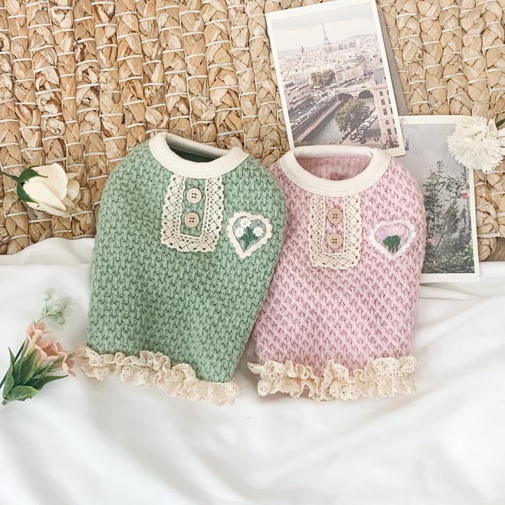 Frill Heart Knit, S-2XL, Lace Trimmed Puppy Sweater, Small Dog Clothes, Winter Dog Outfit, Christmas Dog Top, NKPUP - NKpup