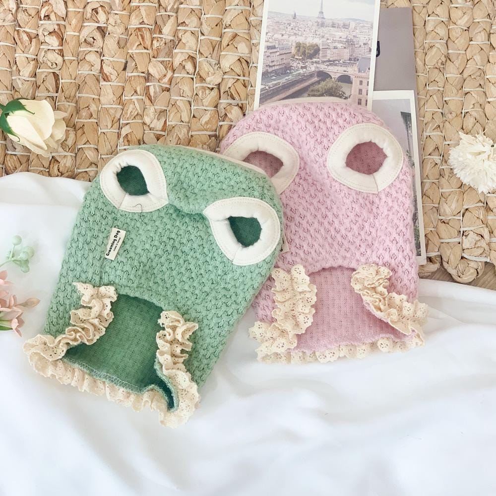 Garden Knit Dog Vest in sage green and soft pink with ruffled lace trim