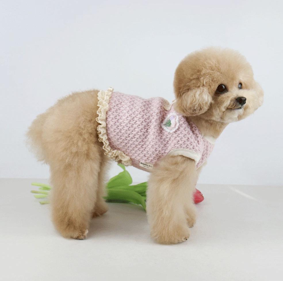 NKpup Garden Knit Dog Vest in light pink with floral detail and ruffled edges