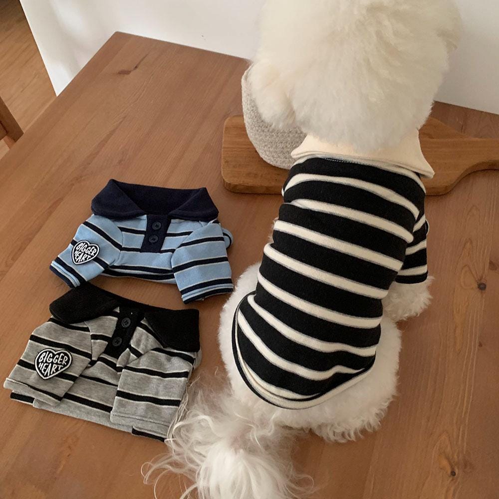 NKpup Bigger Heart striped dog polo shirts in black, blue, and grey colors