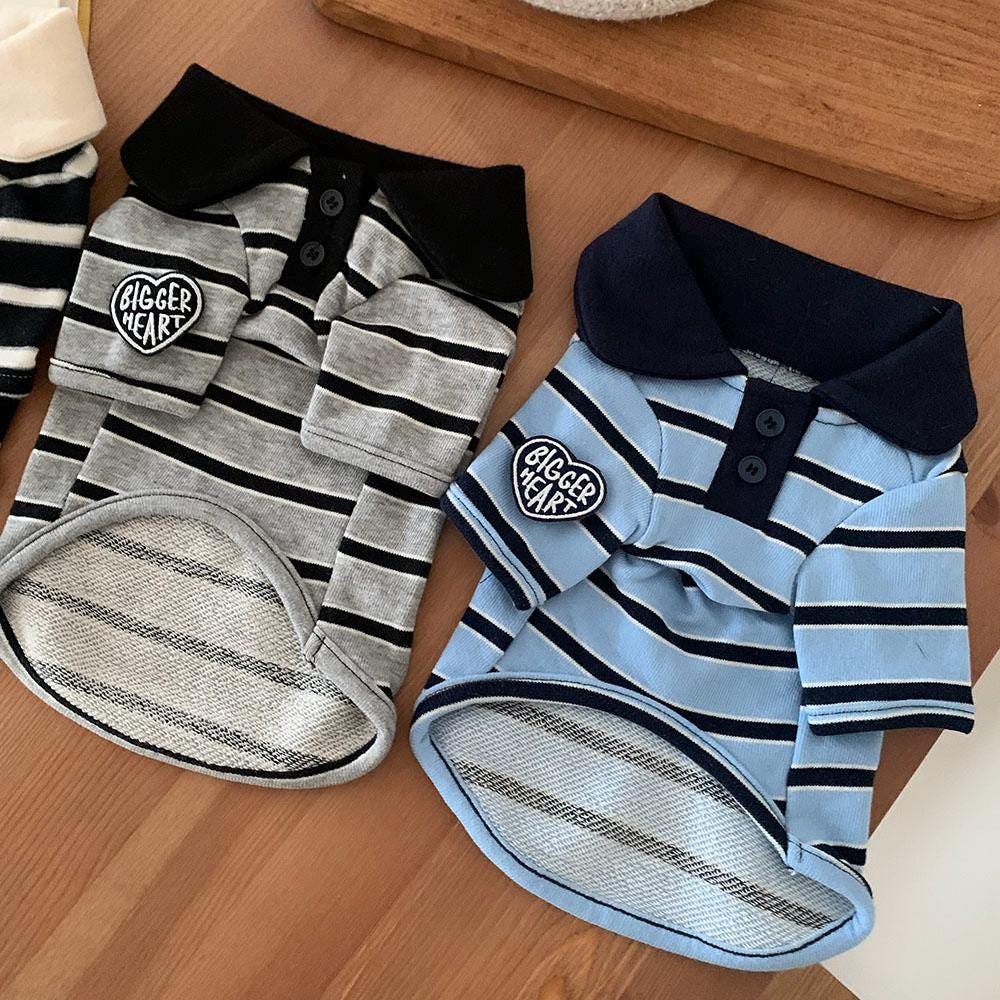 NKpup Bigger Heart striped dog polo shirts in grey and blue