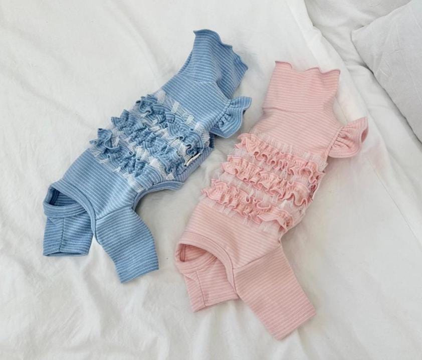 NKpup Ruffle Ribbed Dog Overalls in light blue and pink stripes